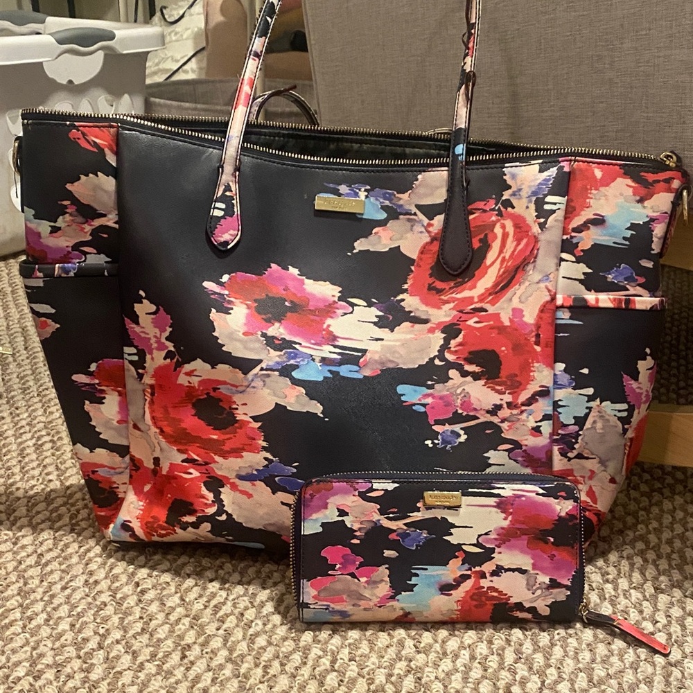 Floral Black and Pink Women's Tote Bag and Wallet Set